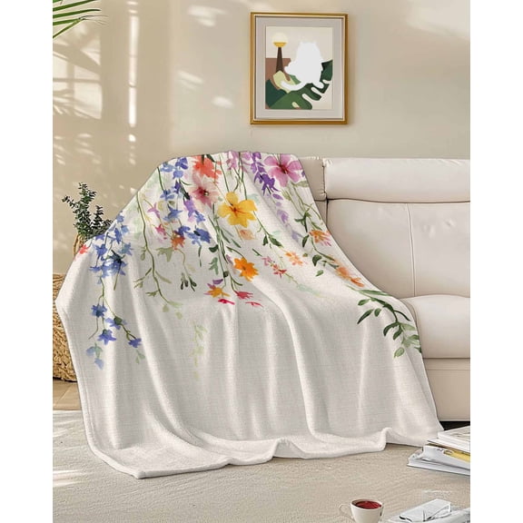 Fleece Blanket Pastoral Watercolor Flower Leaves Blankets, Soft Cozy Warm Flannel Throw Blanket, Hanging Floral on Burlap Blanket for Bed Couch Sofa,50x60In