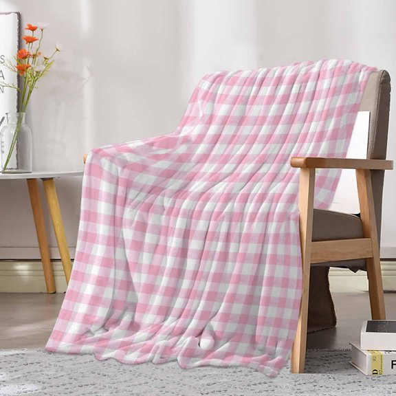 Fleece Blanket Pink Geometric Plaid Blankets, Soft Cozy Warm Flannel Throw Blanket, Rustic Minimalist Checkered Blanket for Bed Couch Sofa,30x40In