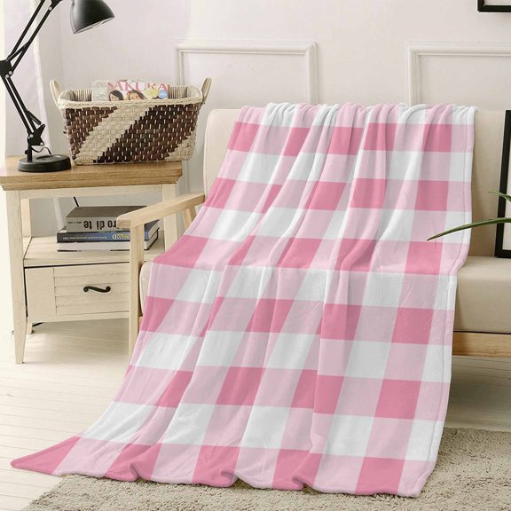Fleece Blanket Pink Gradient Buffalo Check Blankets, Soft Cozy Warm Flannel Throw Blanket, Modern Geometric Grid Blanket for Bed Couch Sofa,40x50In
