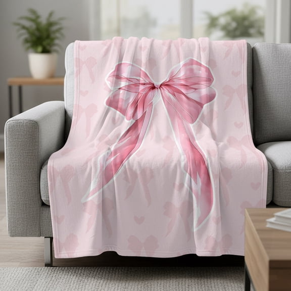 Fleece Blanket Pink Ribbon Bow Blankets,Soft Cozy Warm Flannel Throw Blanket,Bowknot Love Heart Back Blanket for Bed Couch Sofa 30x40in