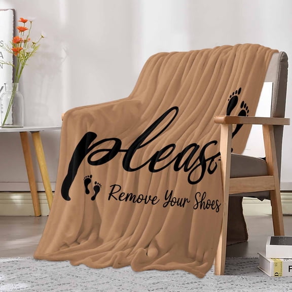 Fleece Blanket Please Remove Your Shoes Text Blankets, Soft Cozy Warm Flannel Throw Blanket, Black Footprint on Brown Blanket for Bed Couch Sofa,30x40In
