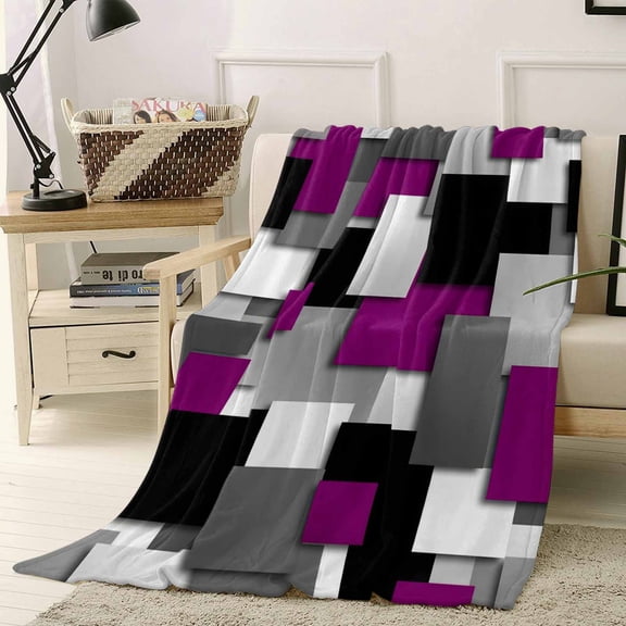 Fleece Blanket Purple Gray Black Grid Lattice Blankets, Soft Cozy Warm Flannel Throw Blanket, Geometric Square Texture Blanket for Bed Couch Sofa,40x50In