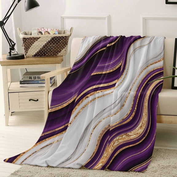 Fleece Blanket Purple Marble Gold Inlay Blankets, Soft Cozy Warm Flannel Throw Blanket, Abstract Geometric Stripes Blanket for Bed Couch Sofa,40x50In
