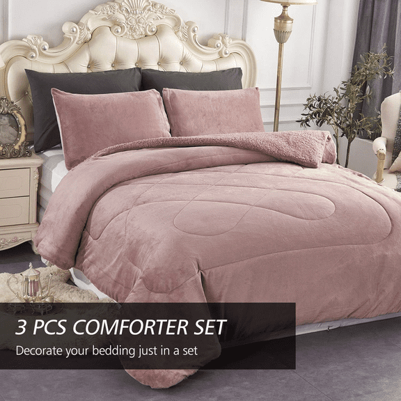 Fleece Blanket Queen (75" x 83"), 3-Piece Borrego Blanket with Pillow Shams for Winter, Super Soft, Korean Style, Reversible, Warm, Woodrose