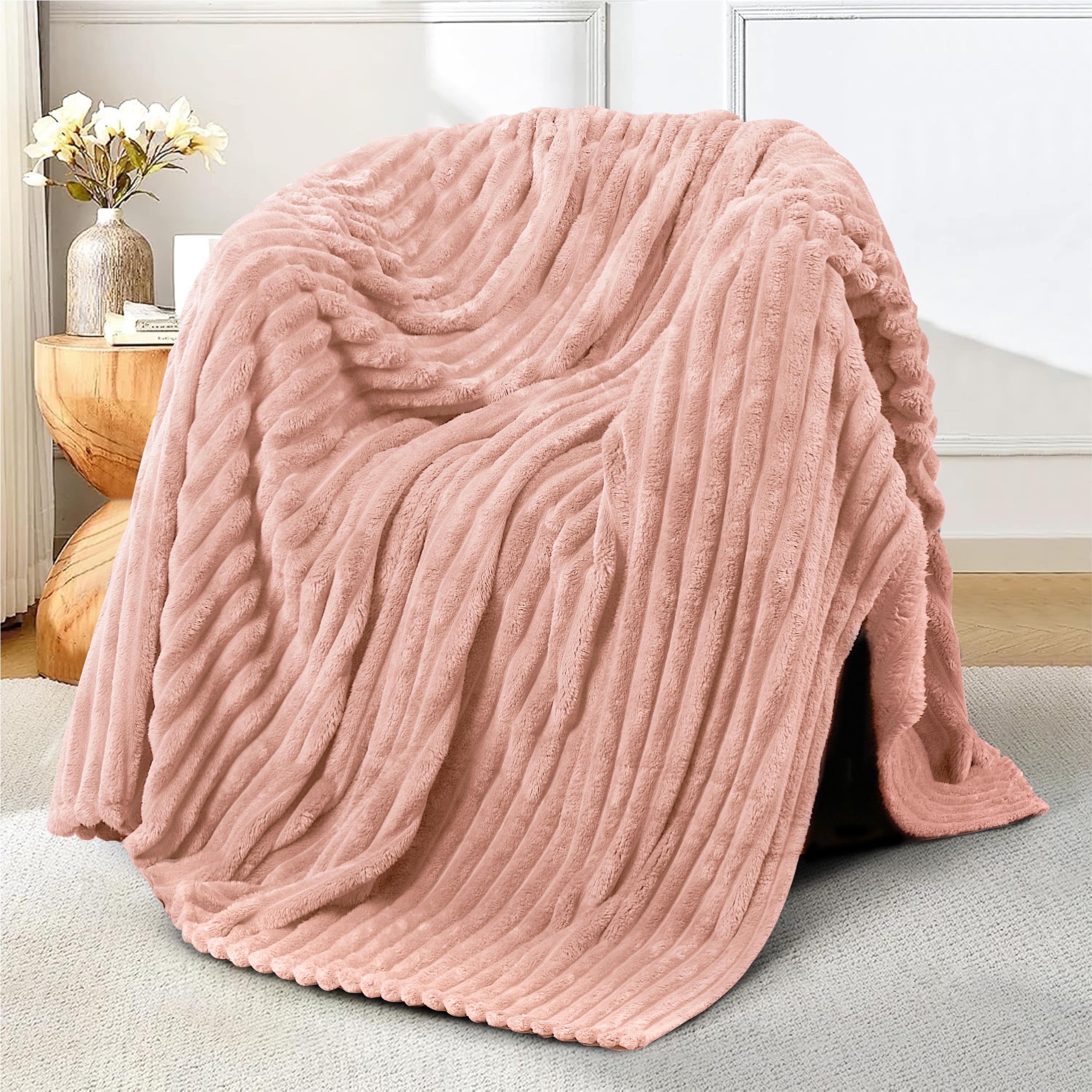 Fleece Blanket Queen Size 90" x 100" - 400GSM Oversized Soft Throw Blanket, Lightweight with Stripes Design Winter Blanket for Bed Sofa Couch