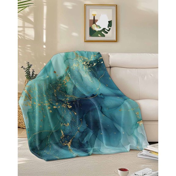 Fleece Blanket Rattail Green Marble Texture Blankets, Soft Cozy Warm Flannel Throw Blanket, Gold Blue Gradient Blanket for Bed Couch Sofa,50x60In