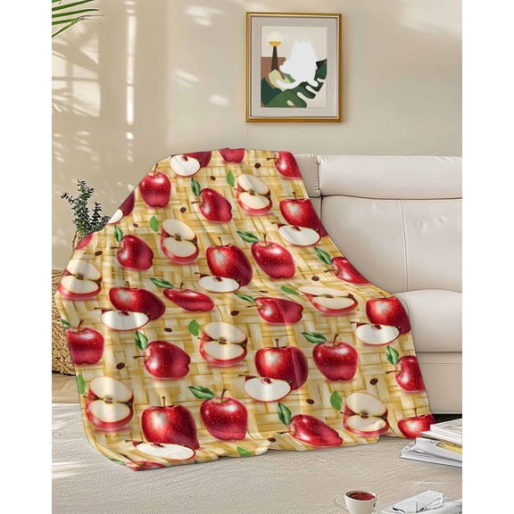Fleece Blanket Red Apples Farm Fruit Blankets, Soft Cozy Warm Flannel Throw Blanket, Retro Weave Art Blanket for Bed Couch Sofa,50x60In