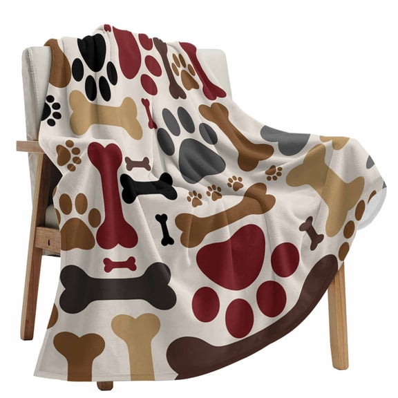 Fleece Blanket Red Brown Black Claws Blankets, Soft Cozy Warm Flannel Throw Blanket, Bone Footprints lanket for Bed Couch Sofa,50x80In