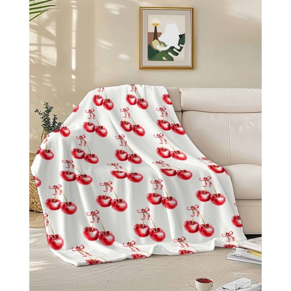 Fleece Blanket Red Cherry Fruit Seamless Blankets, Soft Cozy Warm Flannel Throw Blanket, Food Focus Blanket for Bed Couch Sofa,50x60In