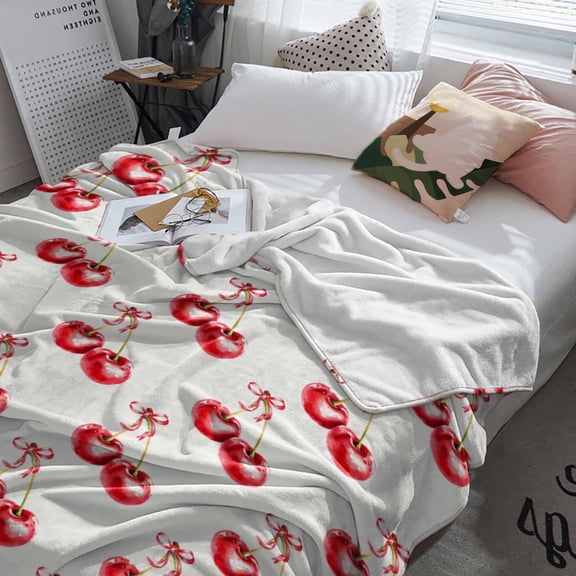 Fleece Blanket Red Cherry Fruit Seamless Blankets, Soft Cozy Warm Flannel Throw Blanket, Food Focus Blanket for Bed Couch Sofa,60x80In
