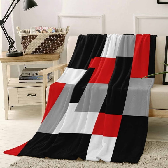 Fleece Blanket Red Gray Color Block Blankets, Soft Cozy Warm Flannel Throw Blanket, Modern Minimalist Style Blanket for Bed Couch Sofa,40x50In