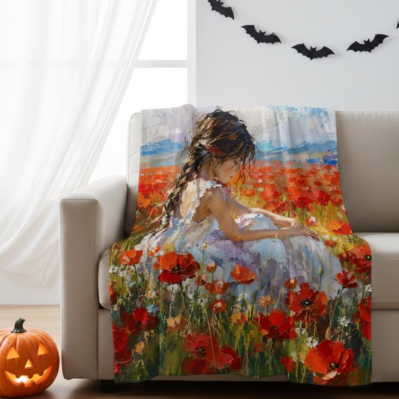 Fleece Blanket Red Poppy Flower Braided Girl Blankets,Soft Cozy Warm Flannel Throw Blanket,Pastoral Floral Oil Painting Style Blanket for Bed Couch Sofa 30x40in