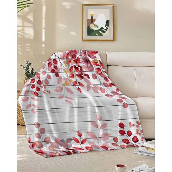 Fleece Blanket Red Watercolor Eucalyptus Leaves Blankets, Soft Cozy Warm Flannel Throw Blanket, Farmhouse Vintage Wood Board Blanket for Bed Couch Sofa,50x60In