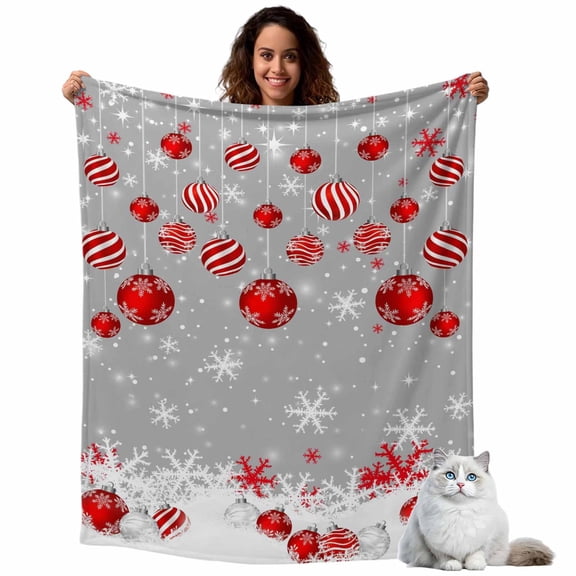 Fleece Blanket Red Xmas Balls on Gray Blankets, Soft Cozy Warm Flannel Throw Blanket, Abstract Winter Snowflakes Blanket for Bed Couch Sofa,40x50In