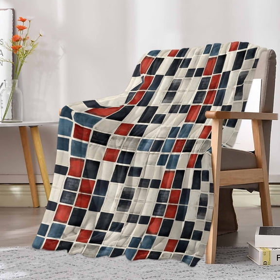 Fleece Blanket Retro Black Red White Square Blankets, Soft Cozy Warm Flannel Throw Blanket, Geometric Color Block Blanket for Bed Couch Sofa,30x40In