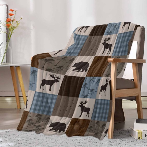 Fleece Blanket Retro Deer Bear Plaid Check Blankets, Soft Cozy Warm Flannel Throw Blanket, Abstract Patchwork Pattern Blanket for Bed Couch Sofa,30x40In