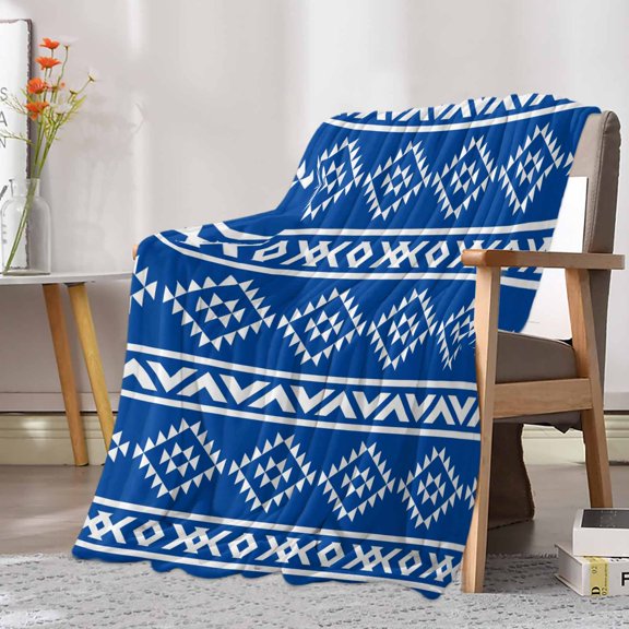 Fleece Blanket Retro Ethnic Blue White Geometric Art Blankets, Soft Cozy Warm Flannel Throw Blanket, Tribal Native Texture Blanket for Bed Couch Sofa,30x40In