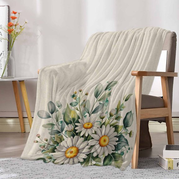 Fleece Blanket Retro Flowers Daisy on Linen Blankets, Soft Cozy Warm Flannel Throw Blanket, Pastoral Floral Art Blanket for Bed Couch Sofa,30x40In