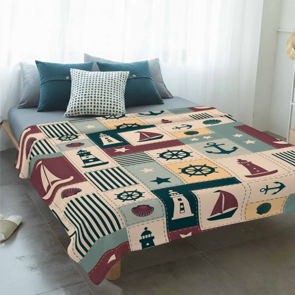 Fleece Blanket Retro Nautical Sailboat Anchor Blankets,Soft Cozy Warm Flannel Throw Blanket,Blue Striped Star Blanket for Bed Couch Sofa 60x80in
