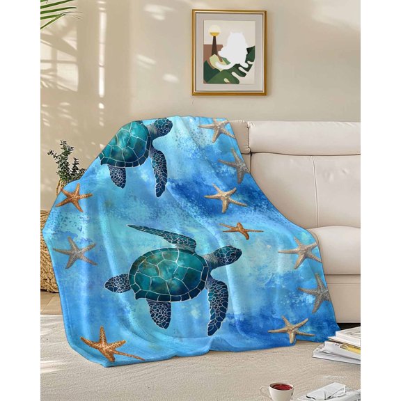 Fleece Blanket Retro Ocean Sea Turtle Starfish on Blue Blankets, Soft Cozy Warm Flannel Throw Blanket, Underwater World Blanket for Bed Couch Sofa,50x60In