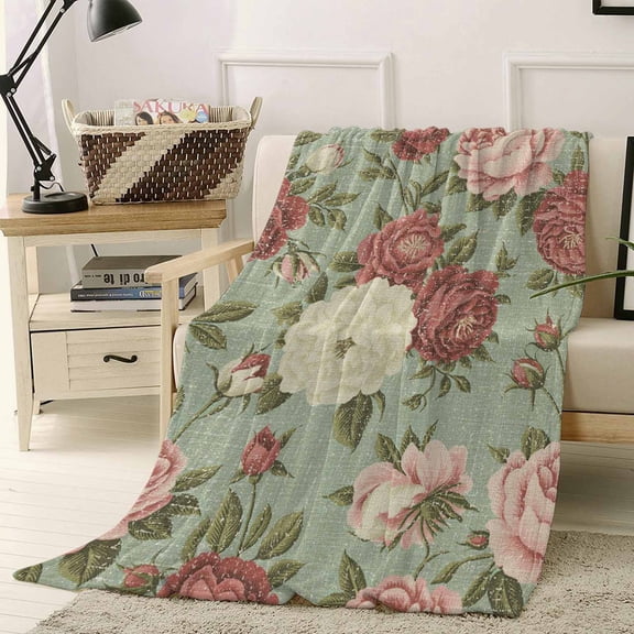 Fleece Blanket Retro Pink Red White Flowers Blankets, Soft Cozy Warm Flannel Throw Blanket, Country Floral Art Blanket for Bed Couch Sofa,40x50In