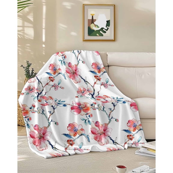Fleece Blanket Retro Red Flower on White Blankets, Soft Cozy Warm Flannel Throw Blanket, Country Watercolor Floral Blanket for Bed Couch Sofa,50x60In