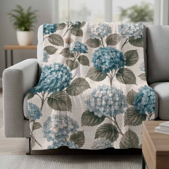 Fleece Blanket Retro Teal Hydrangea Flower Blankets,Soft Cozy Warm Flannel Throw Blanket,Rustic Bloom Floral Leaves Blanket for Bed Couch Sofa 30x40in