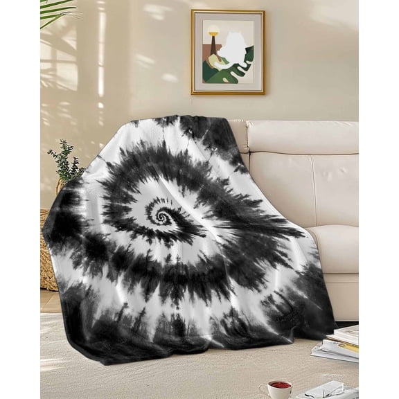 Fleece Blanket Retro Tie-dye Black White Blankets, Soft Cozy Warm Flannel Throw Blanket, Abstract Watercolor Vortex Theme Blanket for Bed Couch Sofa,50x60In