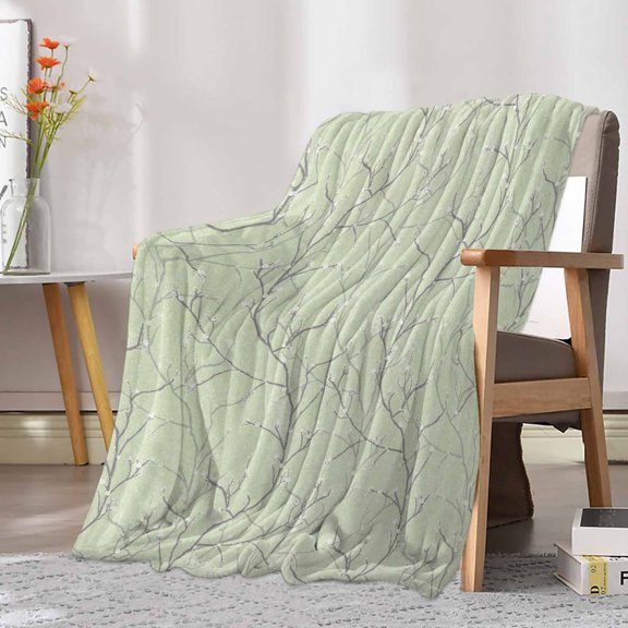 Fleece Blanket Retro Tree Branches Texture Blankets, Soft Cozy Warm Flannel Throw Blanket, Vintage Plants on Green Blanket for Bed Couch Sofa,30x40In