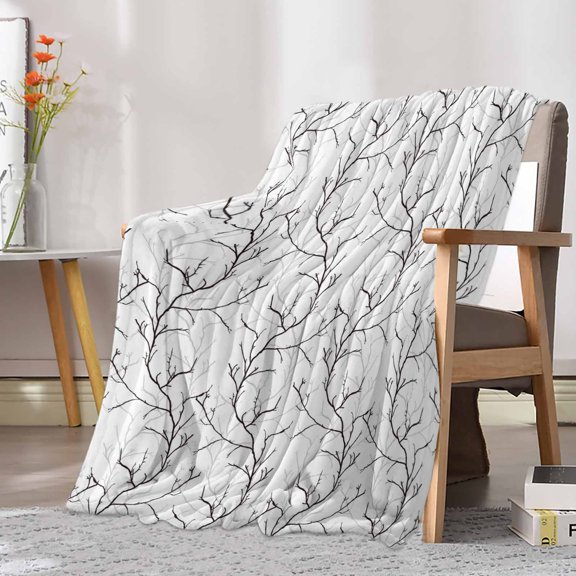 Fleece Blanket Retro Tree Branches Texture Blankets, Soft Cozy Warm Flannel Throw Blanket, Vintage Plants on White Blanket for Bed Couch Sofa,30x40In