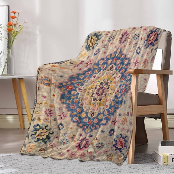 Fleece Blanket Retro Turkish Tradition Flower Blankets, Soft Cozy Warm Flannel Throw Blanket, Medieval Ethnic Pattern Blanket for Bed Couch Sofa,30x40In