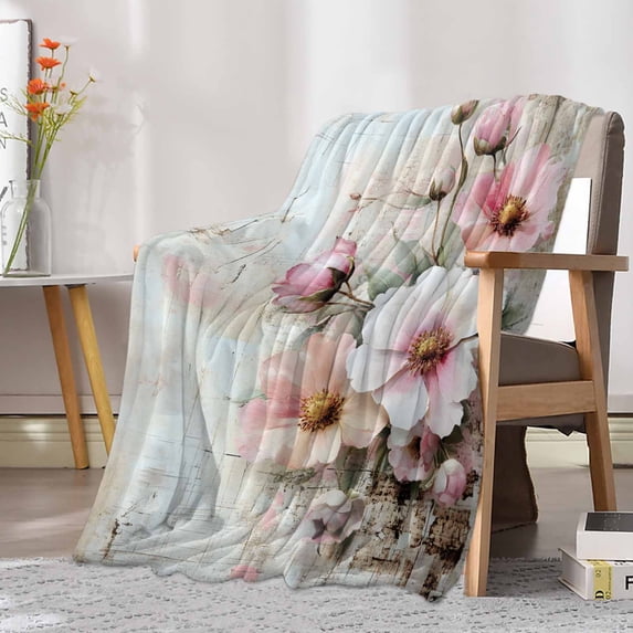 Fleece Blanket Retro Watercolor Pink Flower Blankets, Soft Cozy Warm Flannel Throw Blanket, Vintage Spring Wildflowers Blanket for Bed Couch Sofa,30x40In