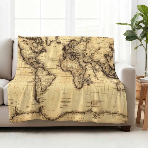 Fleece Blanket Retro Yellow World Map North America Asia Blankets,Soft Cozy Warm Flannel Throw Blanket,Pacific Plate Blanket for Bed Couch Sofa 40x50in