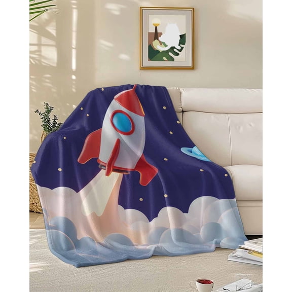 Fleece Blanket Rocket Space Universe Planet Blankets, Soft Cozy Warm Flannel Throw Blanket, Night Star Cartoon Style Blanket for Bed Couch Sofa,50x60In