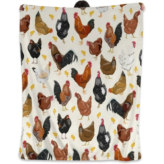 Fleece Blanket Rooster with Chickens Throw Blanket - Super Soft Cozy Lightweight Blanket for Couch, Sofa, Bed, Camping, Travel - Microfiber Blanket Gift