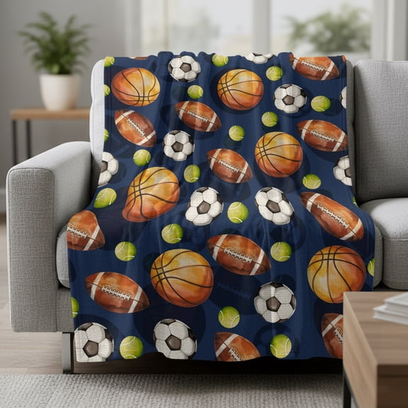 Fleece Blanket Rugby Football Tennis on Blue Blankets,Soft Cozy Warm Flannel Throw Blanket,Funny Ball Sports Blanket for Bed Couch Sofa 30x40in
