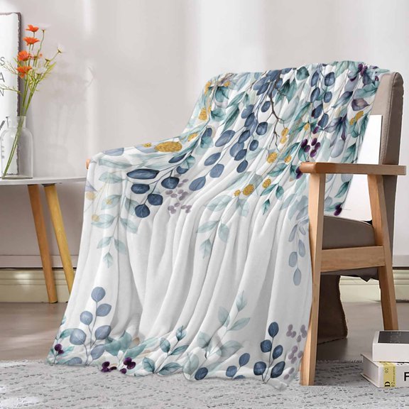 Fleece Blanket Rustic Blue Green Leaf Blankets, Soft Cozy Warm Flannel Throw Blanket, Retro Watercolor Plant Blanket for Bed Couch Sofa,30x40In
