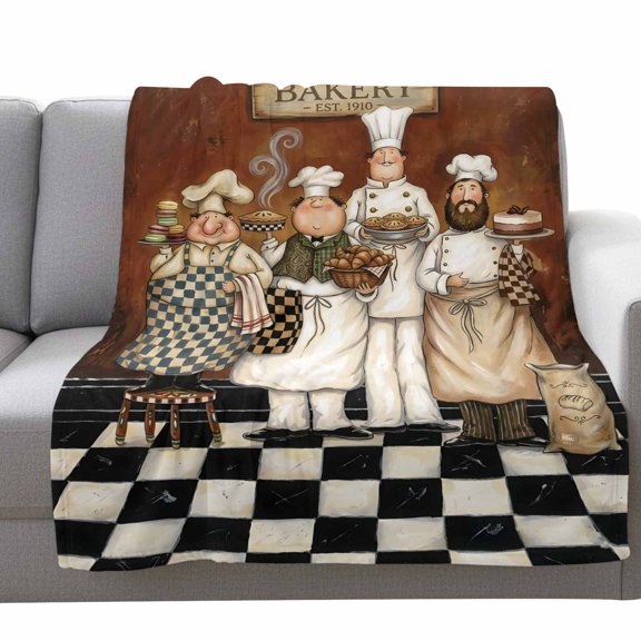 Fleece Blanket Rustic Cartoon Bakery Chef Blankets,Soft Cozy Warm Flannel Throw Blanket,Farmhouse Cooking Theme Blanket for Bed Couch Sofa 40x50in