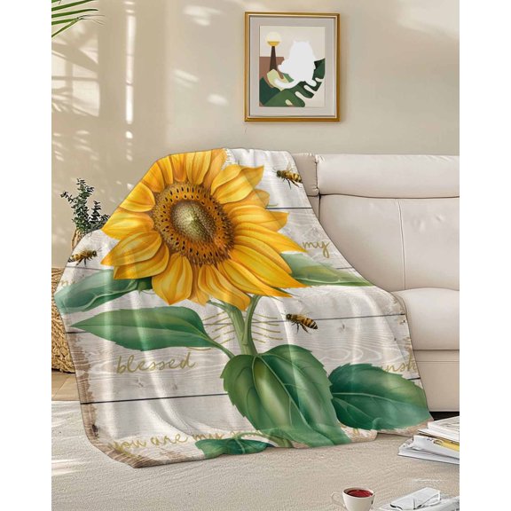 Fleece Blanket Rustic Country Sunflower Bee Blankets, Soft Cozy Warm Flannel Throw Blanket, Farmhouse Wooden Board Blanket for Bed Couch Sofa,50x60In