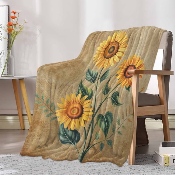 Fleece Blanket Rustic Farm Sunflowers Floral Blankets, Soft Cozy Warm Flannel Throw Blanket, Vintage Kraft Paper Blanket for Bed Couch Sofa,30x40In