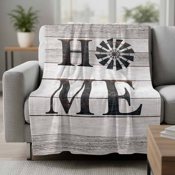 Fleece Blanket Rustic Farm Windmill HOME Quotes Blankets,Soft Cozy Warm Flannel Throw Blanket,Chic Wooden Plank Blanket for Bed Couch Sofa 50x60in