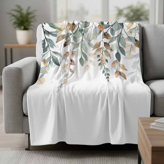 Fleece Blanket Rustic Leaf Plant on White Blankets,Soft Cozy Warm Flannel Throw Blanket,Pastoral Watercolor Leaves Blanket for Bed Couch Sofa 30x40in