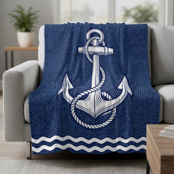 Fleece Blanket Rustic Midnight Blue Ship Anchor Blankets,Soft Cozy Warm Flannel Throw Blanket,Nautical Ocean Waves Blanket for Bed Couch Sofa 30x40in