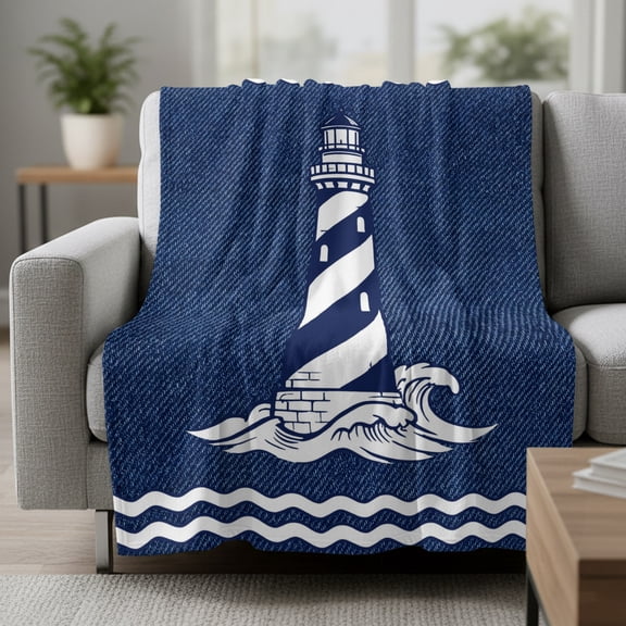 Fleece Blanket Rustic Nautical Lighthouse Blue Blankets,Soft Cozy Warm Flannel Throw Blanket,Classic Denim Marine Theme Blanket for Bed Couch Sofa 30x40in