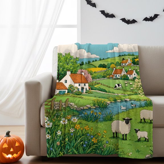 Fleece Blanket Rustic Sheep Farm Landscape Blankets,Soft Cozy Warm Flannel Throw Blanket,Countryside Flower Trees Blanket for Bed Couch Sofa 30x40in