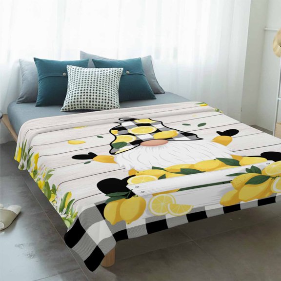 Fleece Blanket Rustic Yellow Lemon Buffalo Plaid Dwarf Blankets,Soft Cozy Warm Flannel Throw Blanket,Country White Wooden Texture Blanket for Bed Couch Sofa 50x60in