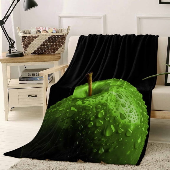 Fleece Blanket Sage Green Apples Blankets, Soft Cozy Warm Flannel Throw Blanket, Fruit Water Drop Painting Black Blanket for Bed Couch Sofa,40x50In