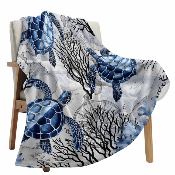Fleece Blanket Sea Blue Turtle Black Coral Blankets, Soft Cozy Warm Flannel Throw Blanket, Summer Nautical Ocean Creature Blanket for Bed Couch Sofa,40x60In