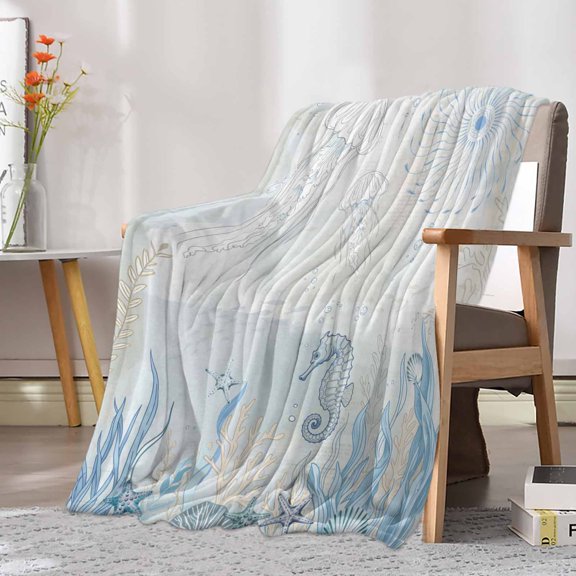 Fleece Blanket Sea Stars Jellyfish Blankets, Soft Cozy Warm Flannel Throw Blanket, Marine Life on Retro Paper Blanket for Bed Couch Sofa,30x40In