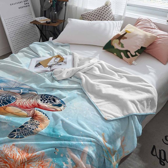 Fleece Blanket Sea Turtle Shell Starfish Coral Blankets, Soft Cozy Warm Flannel Throw Blanket, Blue Ocean Marine Life Blanket for Bed Couch Sofa,60x80In